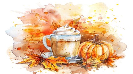 Wall Mural - watercolor pumpkin latte 