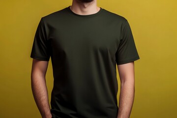 Wall Mural - Man Wearing a Blank Green T-Shirt Against a Yellow Background