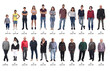 © curto - group of people of different ages from a child to an elderly woman on white background,with text indicating the ages of each person