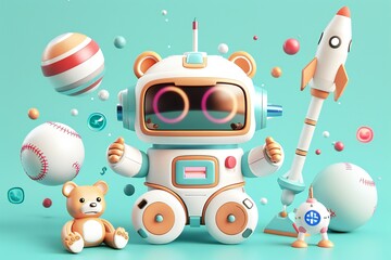 Poster - Cute cartoon robot with sports equipment and rocket on blue background, created  by ai