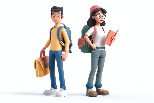 Male and female students characters with books and backpacks. Cartoon 3D illustration set of man and woman going to school, generated by ai