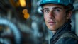 © jul_photolover - Young Worker in Safety Gear Observing Industrial Equipment at Construction Site During Afternoon