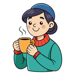 Poster - A cartoon girl in a blue hat enjoying a hot beverage