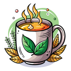 Poster - Steaming Cup of Tea with Green Leaves and Autumn Foliage