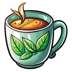 Sticker - A steaming cup of green tea with leaf design