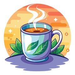 Poster - A Steaming Cup of Tea with Leaves and a Sun-like Background