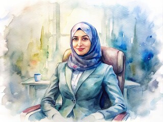 A modern office interior with a hijab and professional attire on a chair, symbolizing a successful Muslim businesswoman's leadership and motivational presence.