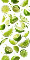 Wall Mural - Limes: Collage of Fresh Citric Wedges and Cross-Cut Slices on White Background