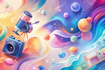 Poster - Vibrant digital design studio background with colorful vector shapes, creative illustrations, and modern software interfaces, surrounded by music notes and camera lenses.