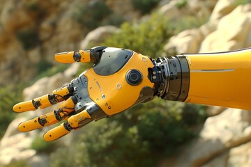 Wall Mural - Dynamic Yellow Robotic Arm Handling Precision Tasks Embodying Industrial Automation and Advanced Robotics