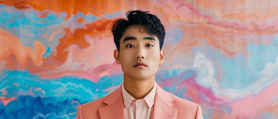 A young man in a stylish pink suit stands confidently against an abstract colorful background, radiating modern elegance and charm.