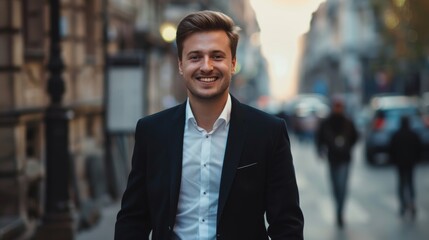 Wall Mural - portrait of a handsome smiling white young businessman boss in a black suit walking on a city street to his company office. blurry street background, confident