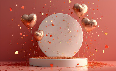 Wall Mural - White circle podium and golden hearts balloons.