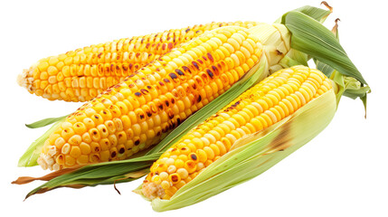 Delicious grilled corn isolated on transparent background. A hyper realistic photograph showcasing golden char of perfectly roasted corn on the cob.