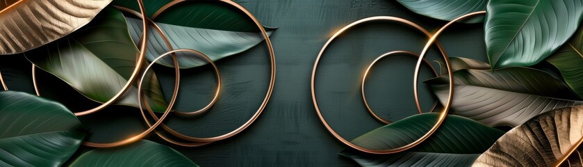 Wall Mural - Golden rings and green leaves on dark background.