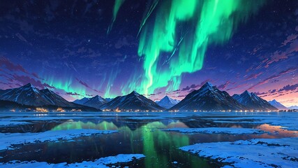 Wall Mural - aurora borealis northern lights arctic circle morning natural wonders around the world morning view anime