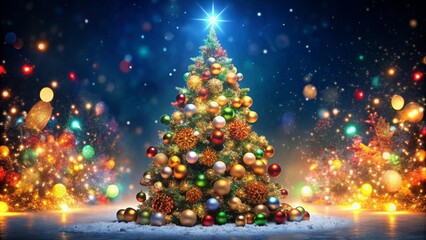 A beautifully decorated Christmas tree adorned with colorful ornaments and twinkling lights, standing tall against a backdrop of falling snow, symbolizing joy, celebration, wonder, and the magic of th