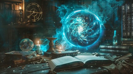 Magic scene. A floating blue ball in the shape of a planet above an open book of spells. In the background there are many ancient books and accessories for magic.