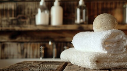 Wall Mural - Spa and Wellness theme with wooden backdrop Soap and Towel