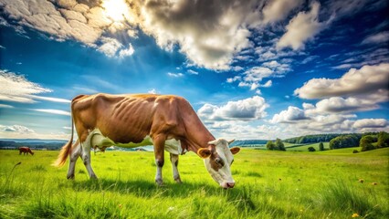 A contented cow grazes peacefully in a field of lush green grass under a blue sky with puffy white clouds.  The sun shines brightly, casting a warm glow on the scene.  The cow represents the bounty of