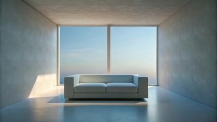 Wall Mural - A modern minimalist living room with a white sofa positioned in front of a large window with a view of the sky, symbolizing simplicity, openness, spaciousness, comfort, and relaxation.