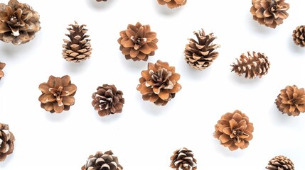 Canvas Print - Brown pine cones on a white background for Christmas party decorations