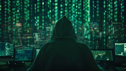 Hacker in dark room surrounded by code