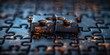 © Iryna - Close-up of two puzzle pieces fitting together on a partially completed puzzle with dark and golden hues