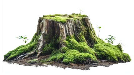 Wall Mural - side view on one single wooden mossy tree stump with roots isolated on white background