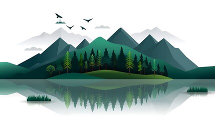 Wall Mural - A serene landscape featuring mountains, a lush forest, and a tranquil lake reflecting the scenery, with birds flying in the sky.