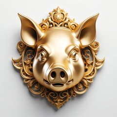 Wall Mural - gold pig head 3d art logo in plain white background 395