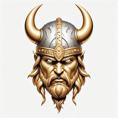 Wall Mural - gold viking warrior head 3d art logo in plain white background 441