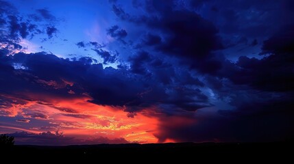 Poster - Dusk with dark orange clouds in a deep blue sky