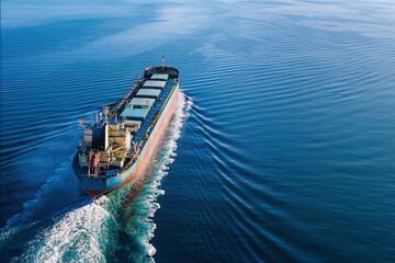 Bulk vessel for dry cargo cruising in sea, ship for unpackaged bulk cargo, aerial view