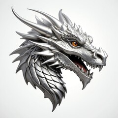 Wall Mural - silver dragon head 3d art logo in plain white background 512