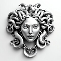 Wall Mural - silver medusa head 3d art logo in plain white background 593