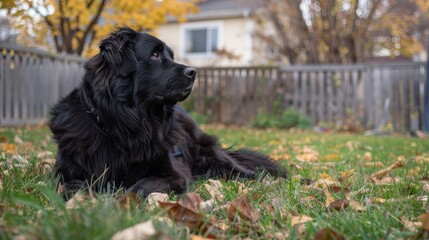 Newfoundland in the backyard, wide shot.