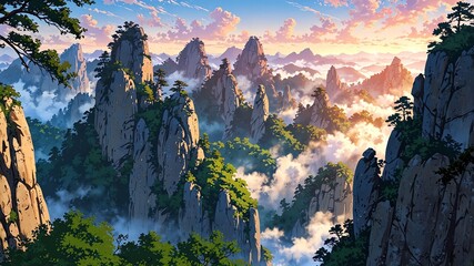 Wall Mural - tianzi mountains china natural wonders around the world morning view anime