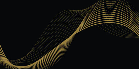 Abstract gold wave lines on black background. Futuristic flow of shining gold line waves. Modern luxury template. 