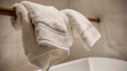 Poster - A towel hanging on a wooden rod over the bathtub, AI