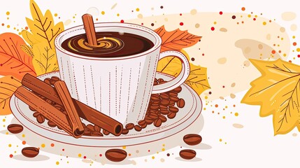 Wall Mural - autumn coffee cup with leaf and cinnamon