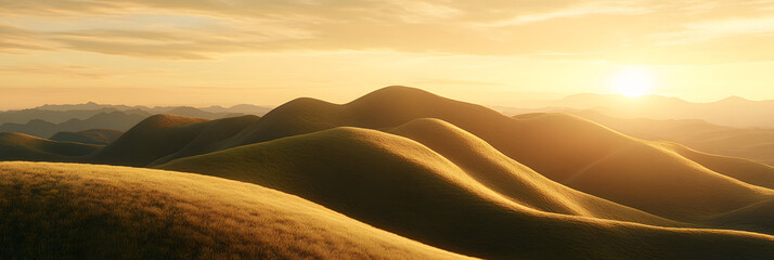 Rolling hills at sunset with a golden sky