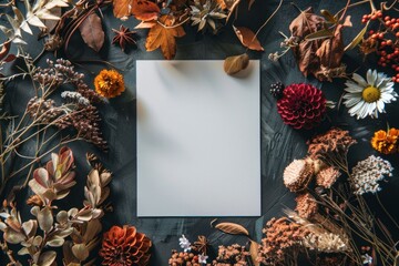 Blank sheet of paper surrounded by autumn leaves and colorful flowers on a dark textured background