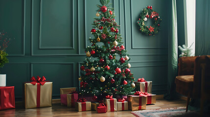 Cosy Christmas interior of a traditional old house with open fireplace with flame, decorated Christmas tree