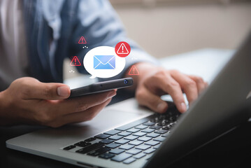 Fototapete - Email hacked warning alert notification, junk mail, scam malware spreading virus on message alert virtual on smartphone. potential cybersecurity threats and warnings.