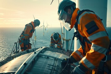 A team of maintenance technicians wearing safety gear and harnesses working on the nacelle of an offshore wind turbine.