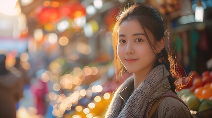 A vibrant photograph of a Chinese model in casual attire, exploring a bustling street market filled with colorful stalls and a variety of fresh produce.