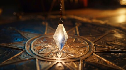 A crystal pendulum hangs over a circular, ornate pattern, bathed in warm light.  The image evokes a sense of mystery and the occult.