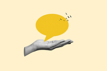 a hand with a speech bubble. opinion freedom of society. contemporary art collage. concept of press 