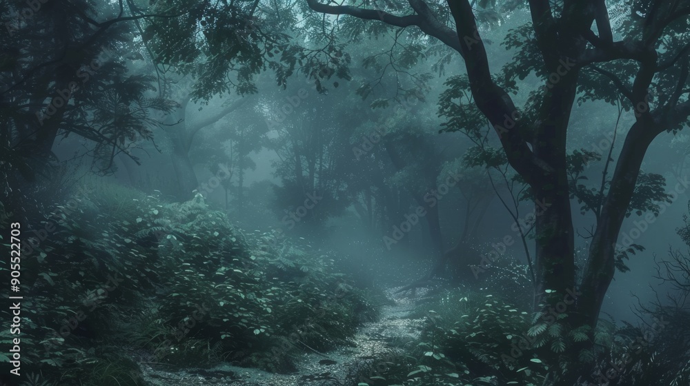 A dense, misty forest with a path leading through the foliage. The ...